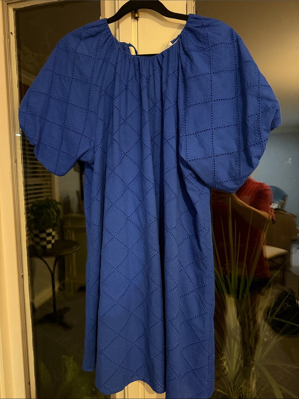 Royal Blue Eyelet Puff-Sleeve Casual Dress